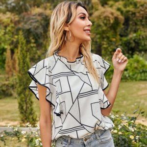Geometric Print Ruffle Trim Blouse